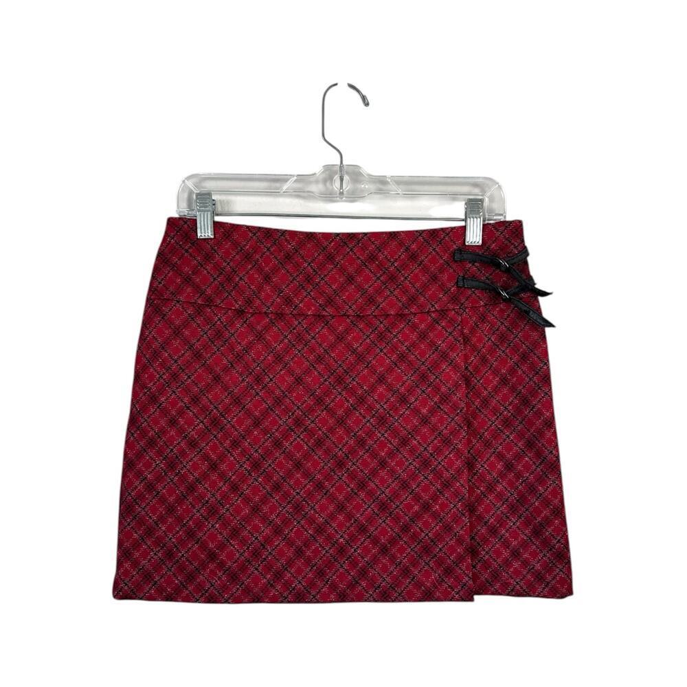 VTG 90s EXPRESS Plaid Mini Skirt Red Metallic Faux Wrap Buckles Academia Medium